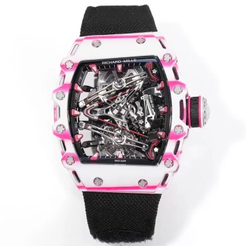 RM공장 리차드밀 수동 와인딩 투르비용 부바 왓슨 화이트/핑크 카본 케이스 블랙 스트랩 밴드 RM38-02